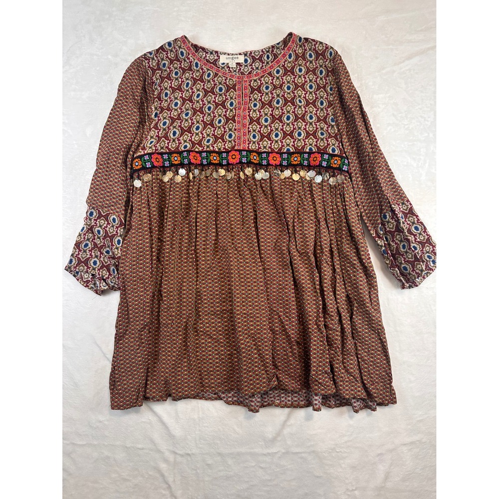 Umgee Boho Tunic Top Medium Brown Mixed Print Coin Fringe Babydoll Womens